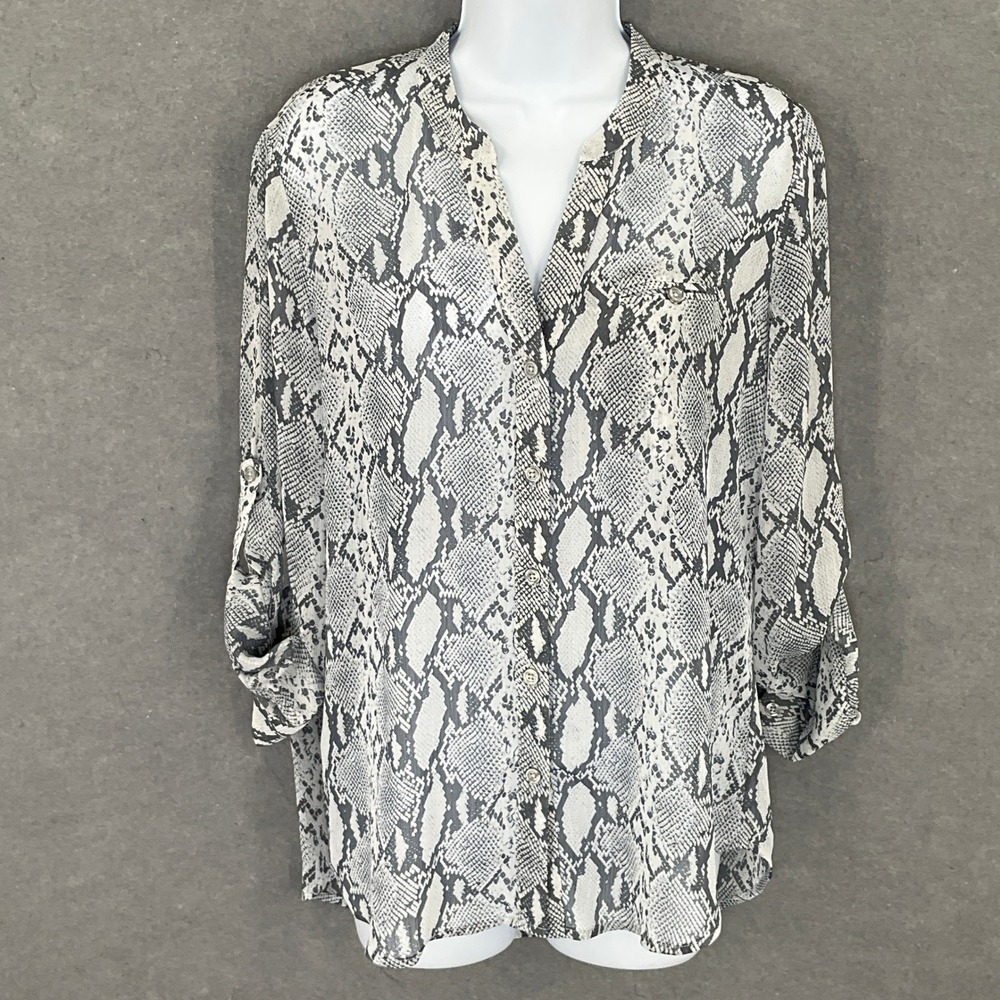 KUT From The Kloth Snakeskin Print Button Down Roll Tab Blouse Sheer Top‎ Sz M